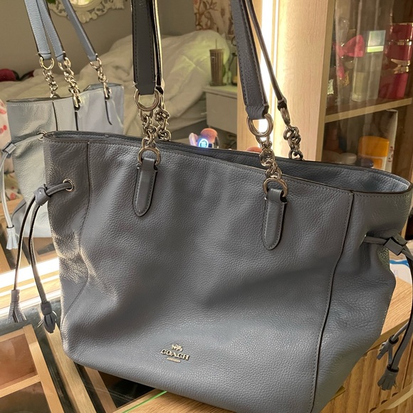 Coach Handbags - Coach light blue sage pebble Leather Tote Bag silver hardware